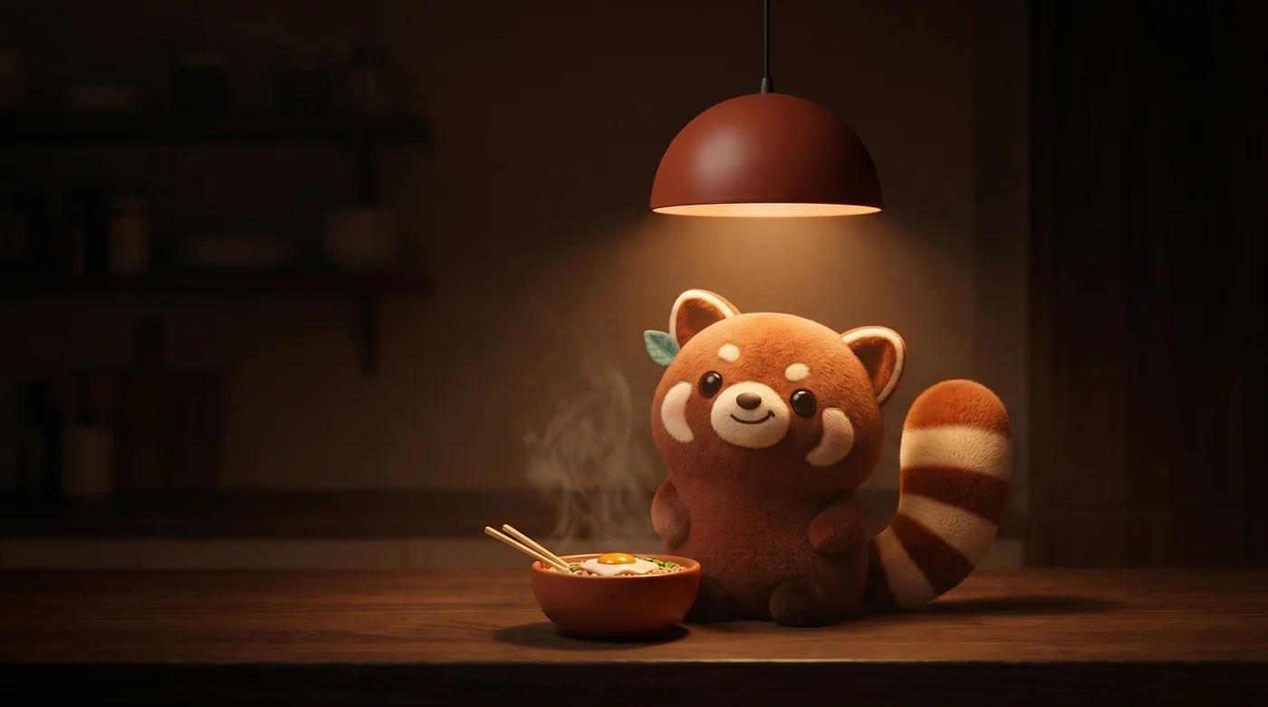 Ponya, bé gấu trúc đỏ nhồi bông, ngồi trên quầy bếp dưới cây đèn treo màu đất nung lúc nửa đêm, cạnh tô mì gói bốc khói có trứng.